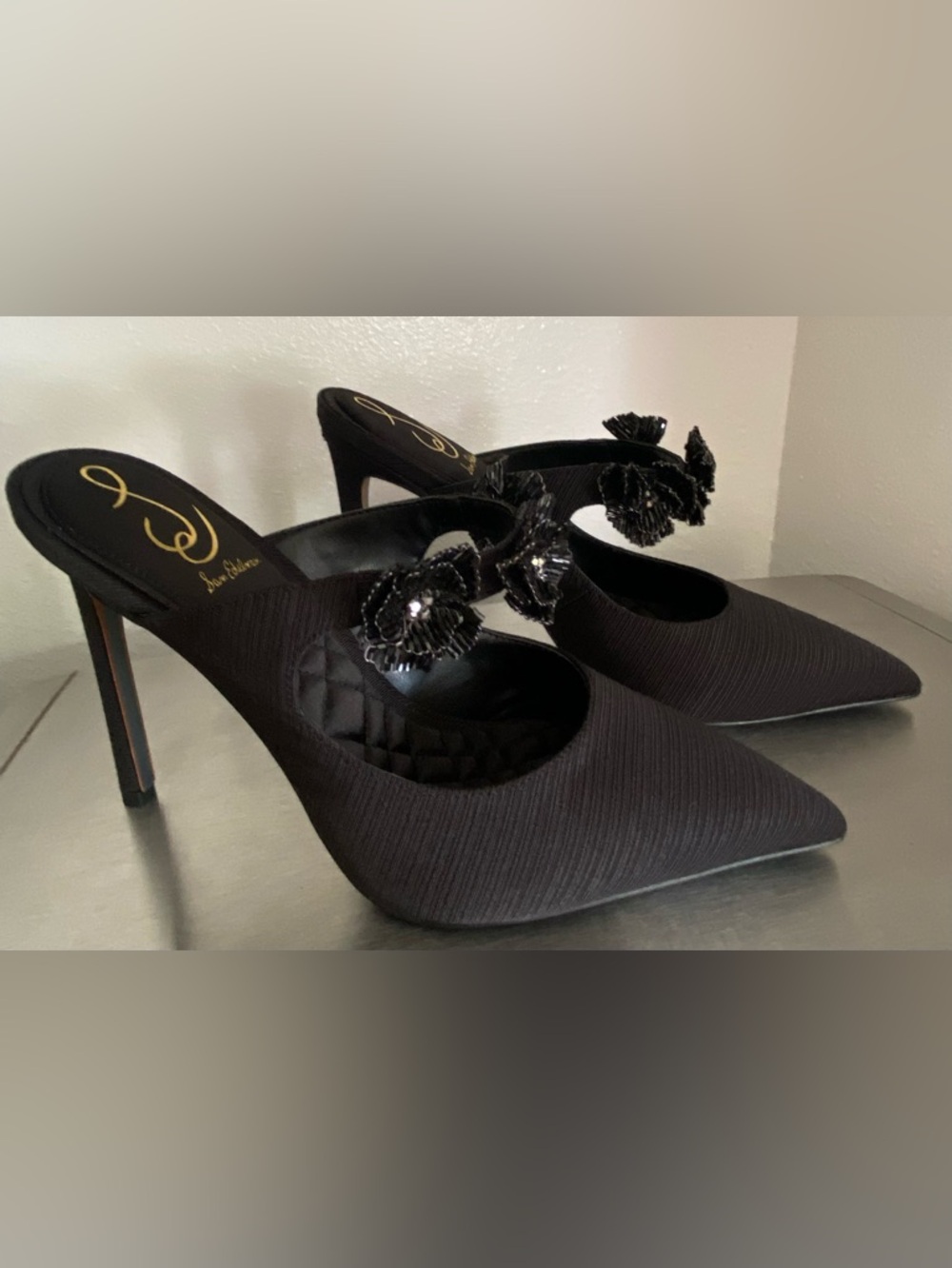 NEW-SAM EDELMAN JEWELED FLORAL BLACK STRAP MULE HIGH HEELS